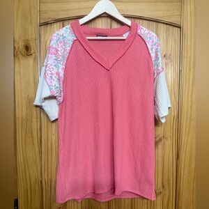 HEIMISH USA Coral Textured Top with Floral Sleeves